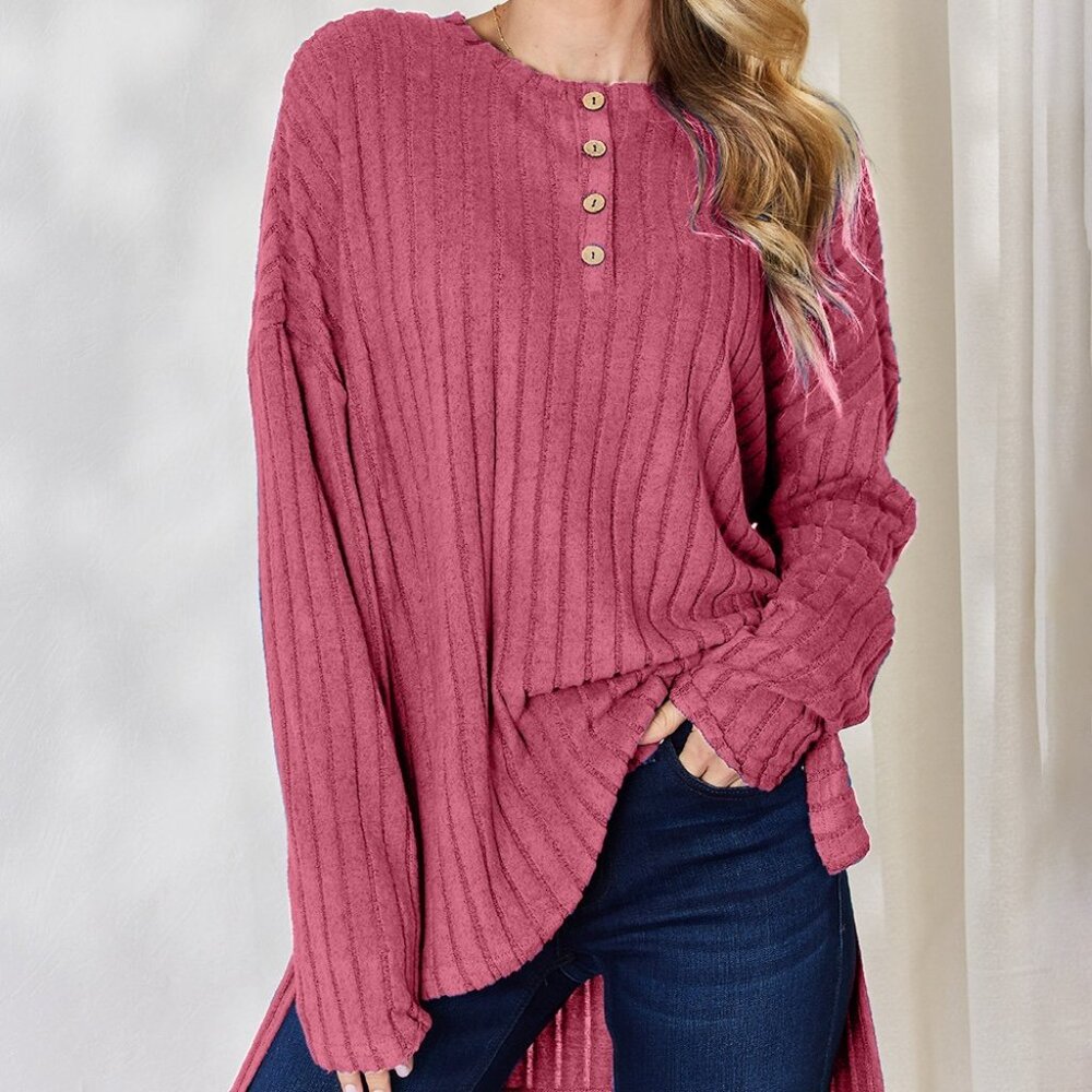 NWT Basic Bae Full Size Ribbed Half Button Long Sleeve High-Low T-Shirt